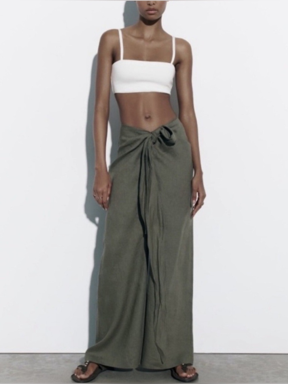 Zara Linen Pareo Pants Olive Wide-Leg Drawstring Linen Chinos 30” Sz M Women’s